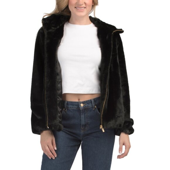 VIA SPIGA Black Faux Fur Hooded Jacket - Picture 1 of 2